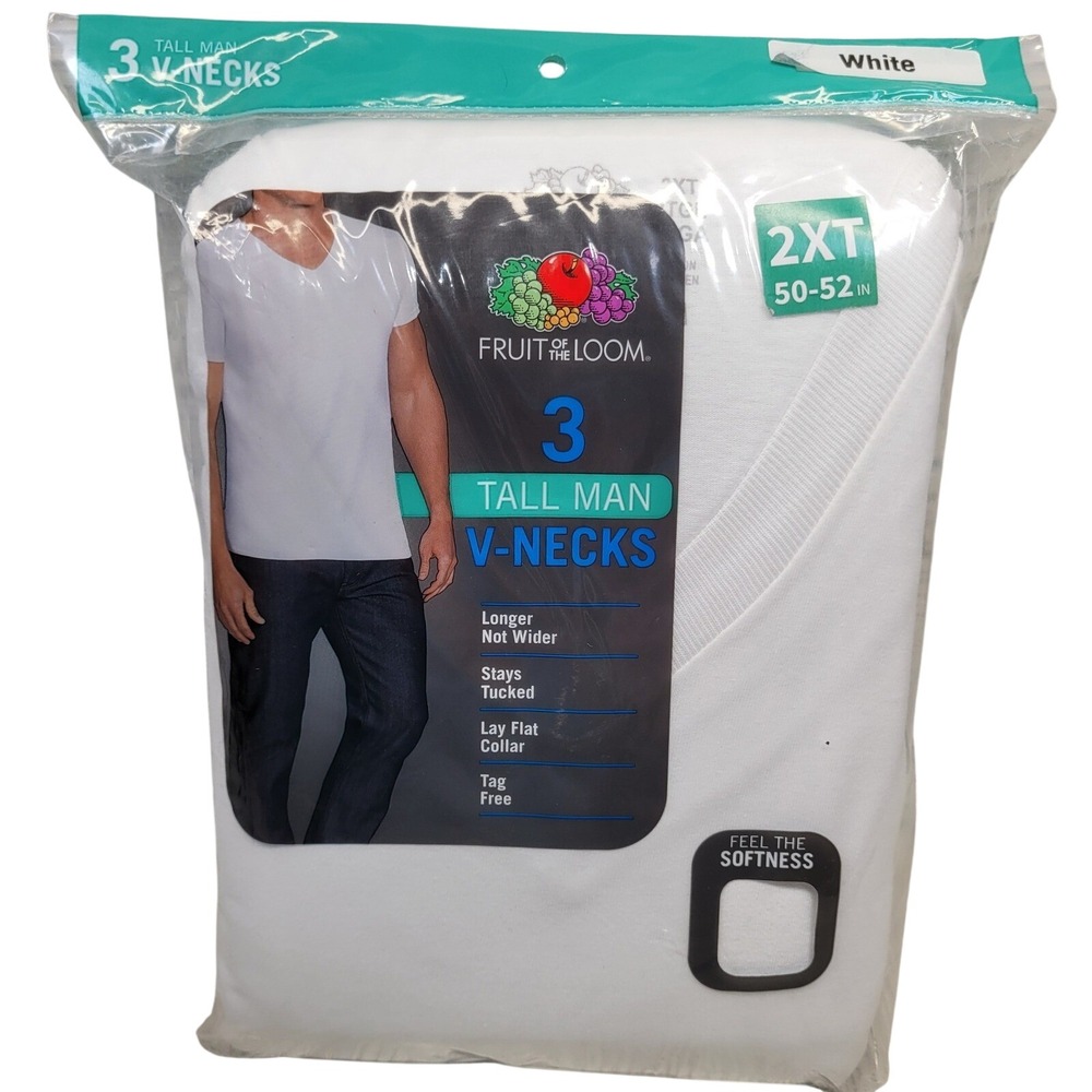 Fruit of the Loom Tall Man V Neck T Shirts White 3 Pack Size 2XT 50-52 Chest